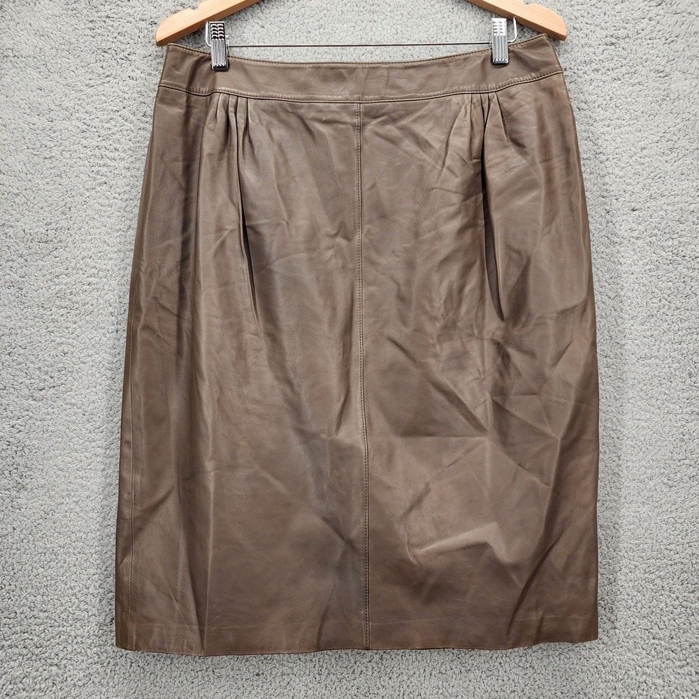 Lafayette 148 New York Brown Lambskin Leather Pencil Skirt Size 12 Pleated Taupe